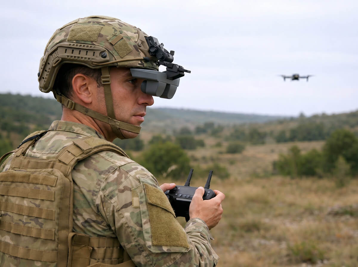 A person wearing camouflage military gear and a helmet-mounted augmented reality visor is standing outdoors in an open field. The person is holding a handheld drone controller with two antennas, and a small quadcopter drone is visible flying in the distance. The visor appears digitally added to the helmet, illustrating a Sentinel viewer concept.