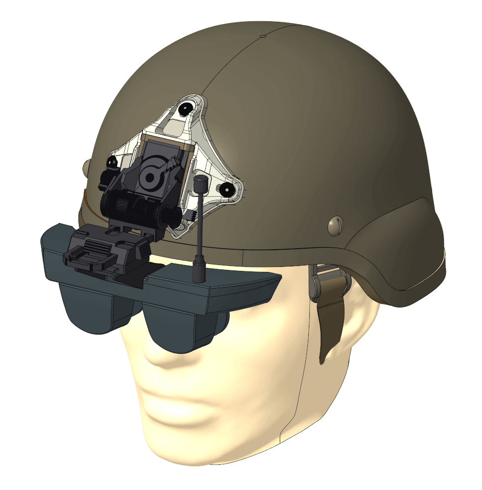 Rendering of the Sentinel FPV goggle viewer on an army helmet.