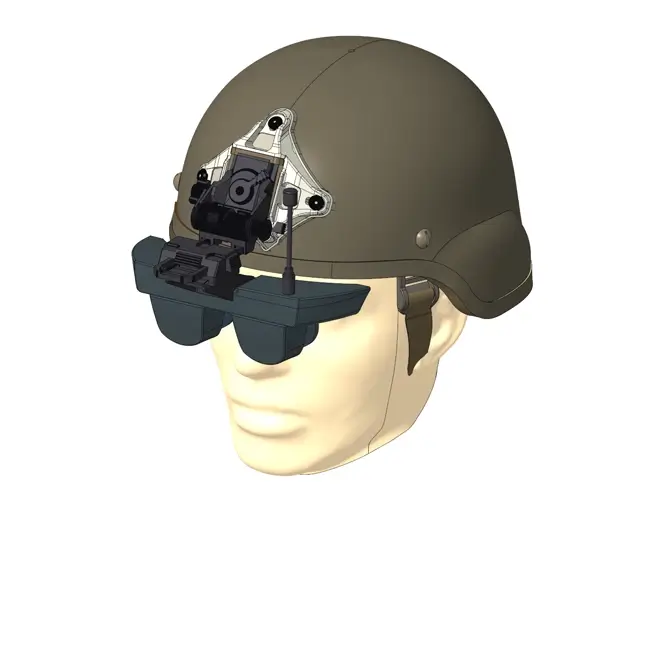 Rendering of the Sentinel FPV goggle viewer on an army helmet.
